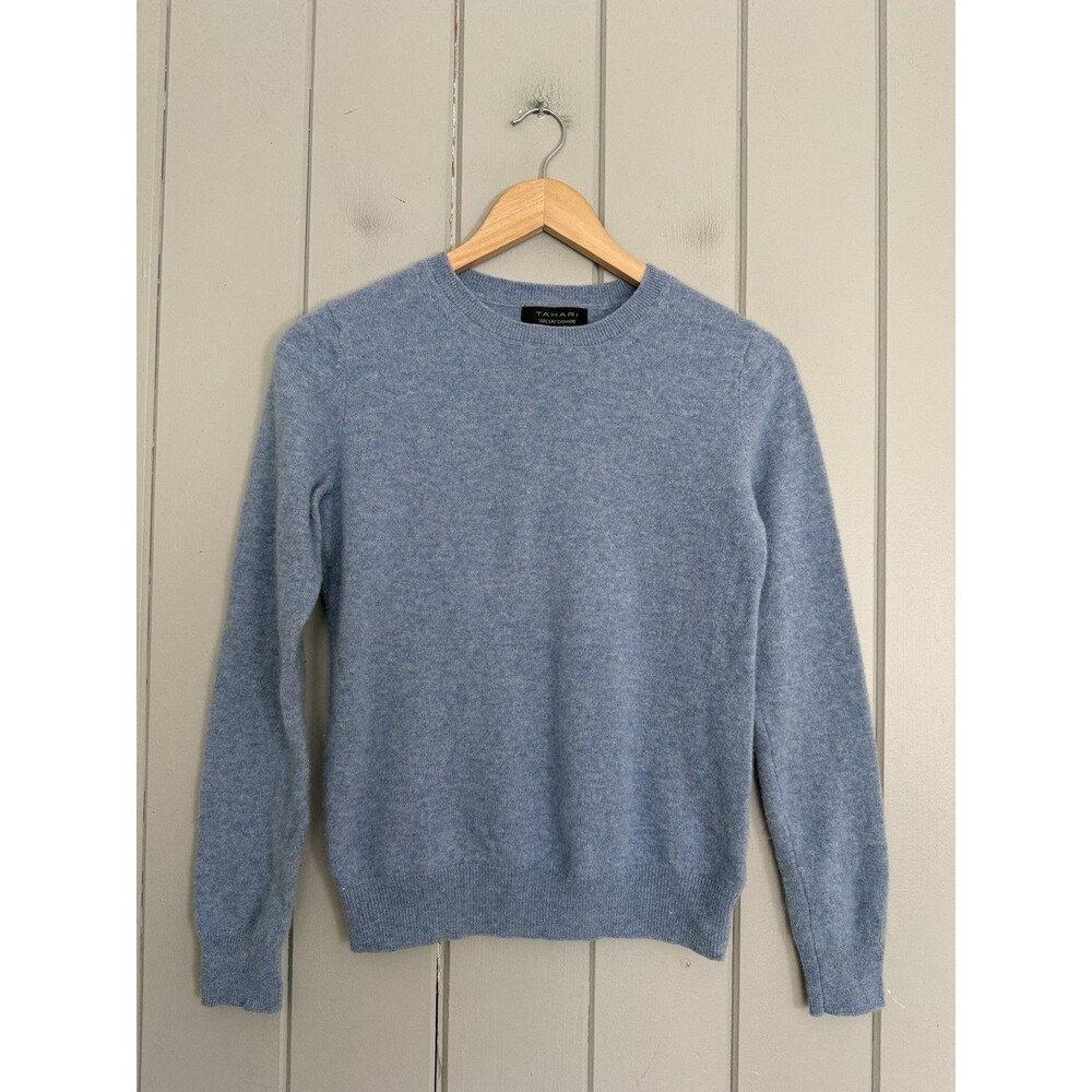 Tahari 100% 2 Ply Cashmere Sweater M Medium Light Blue Long Sleeves